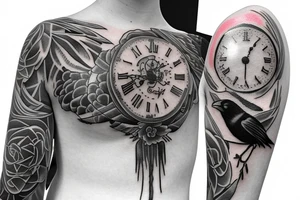 A woman holding a pocketwatch surrounded by crows tattoo idea