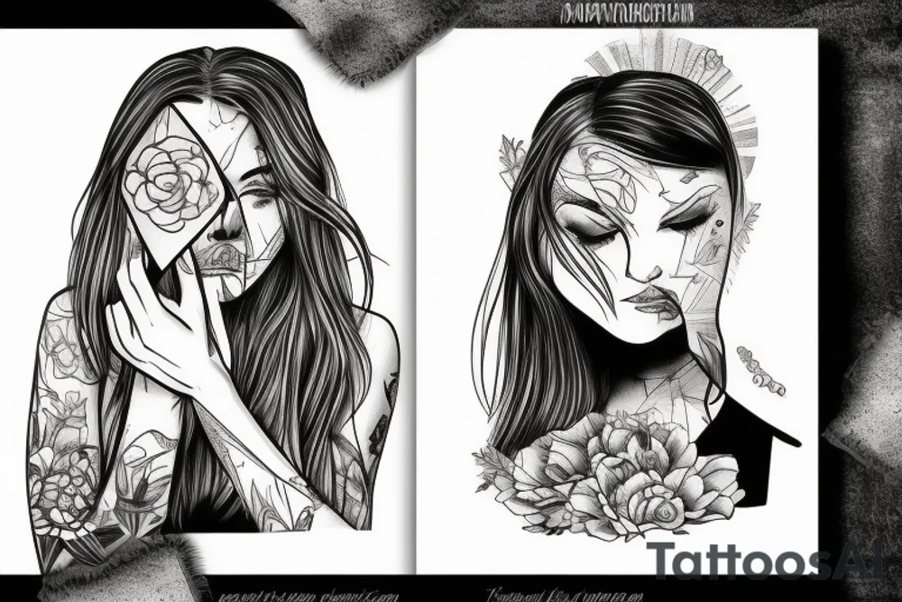cracked mirror with a girl staring into it crying tattoo idea