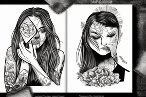 cracked mirror with a girl staring into it crying tattoo idea