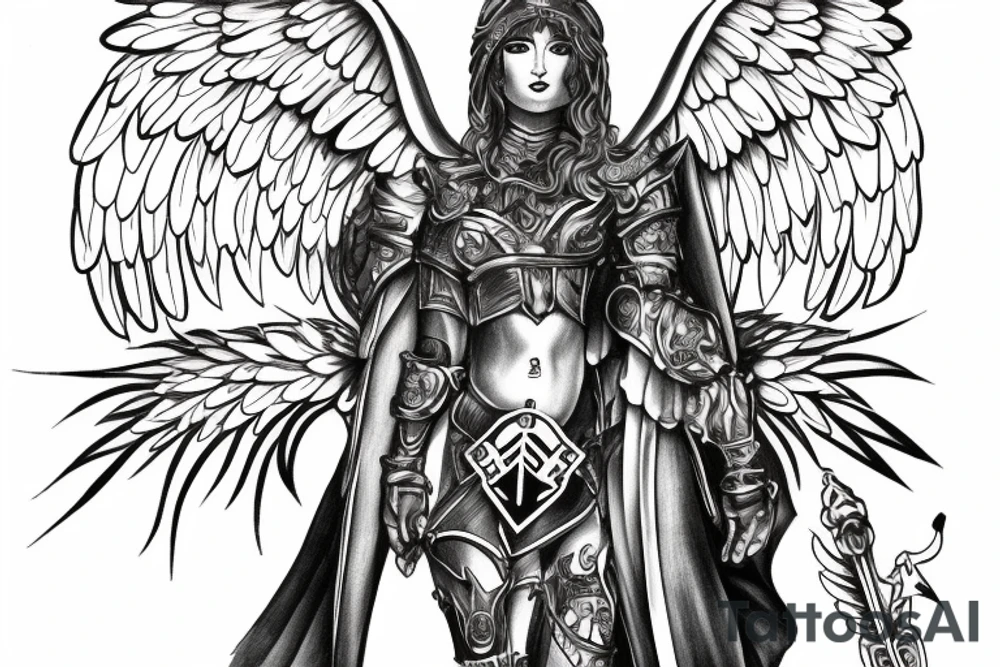 A waist up angel in armor with a banner of 3 hopeful words tattoo idea