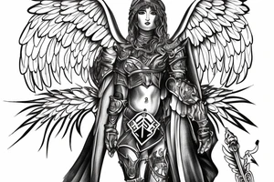 A waist up angel in armor with a banner of 3 hopeful words tattoo idea