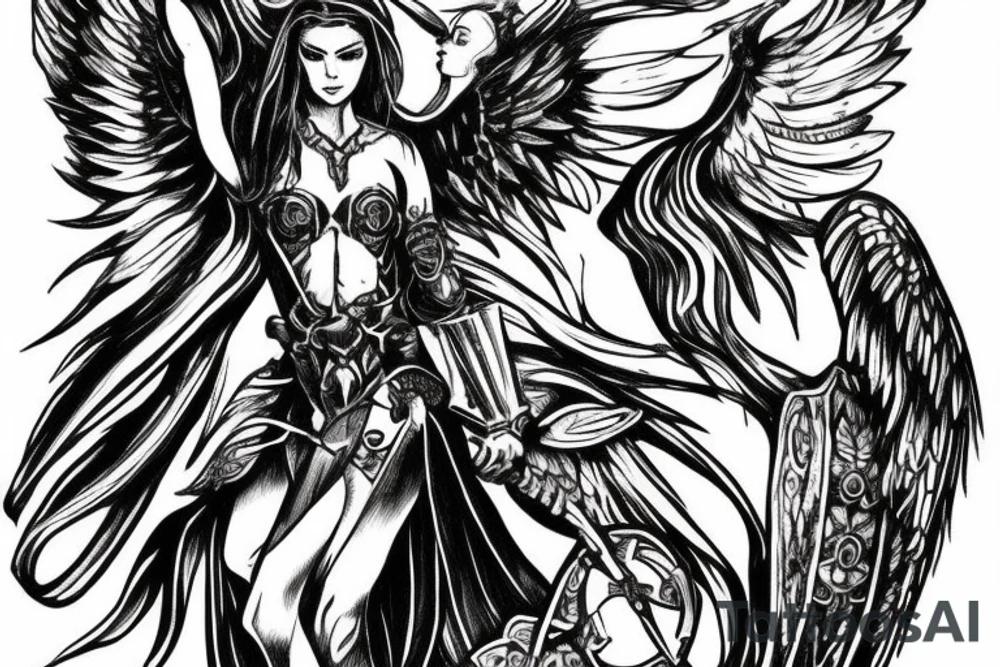 A waist up angel in armor with a banner of 3 hopeful words tattoo idea