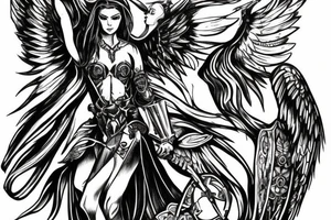 A waist up angel in armor with a banner of 3 hopeful words tattoo idea