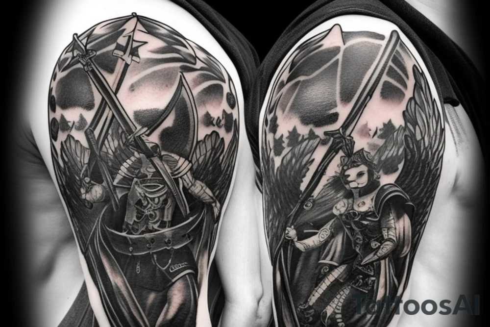 An angel in plate armor with a banner of 3 hopeful words tattoo idea