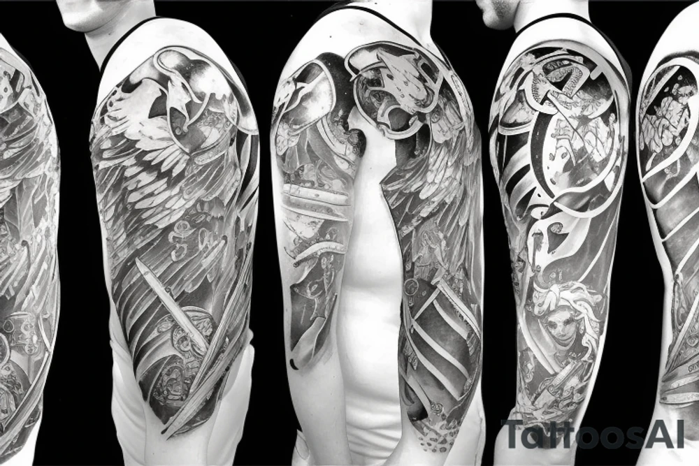 An angel in plate armor with a banner of 3 hopeful words tattoo idea