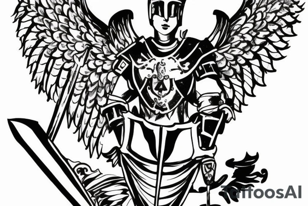 An angel in plate armor with a banner of 3 hopeful words tattoo idea