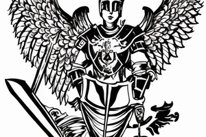An angel in plate armor with a banner of 3 hopeful words tattoo idea