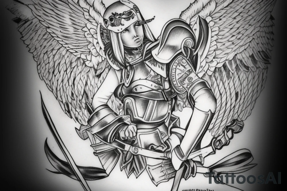 An angel in plate armor with a banner of 3 hopeful words tattoo idea