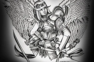 An angel in plate armor with a banner of 3 hopeful words tattoo idea
