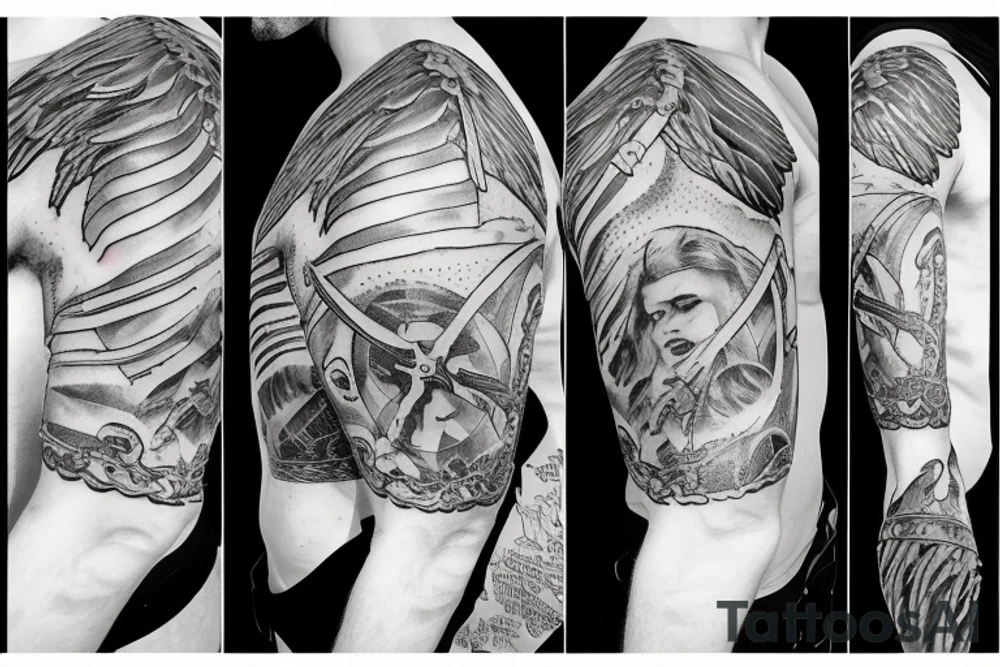 An angel in plate armor with a banner of 3 hopeful words tattoo idea
