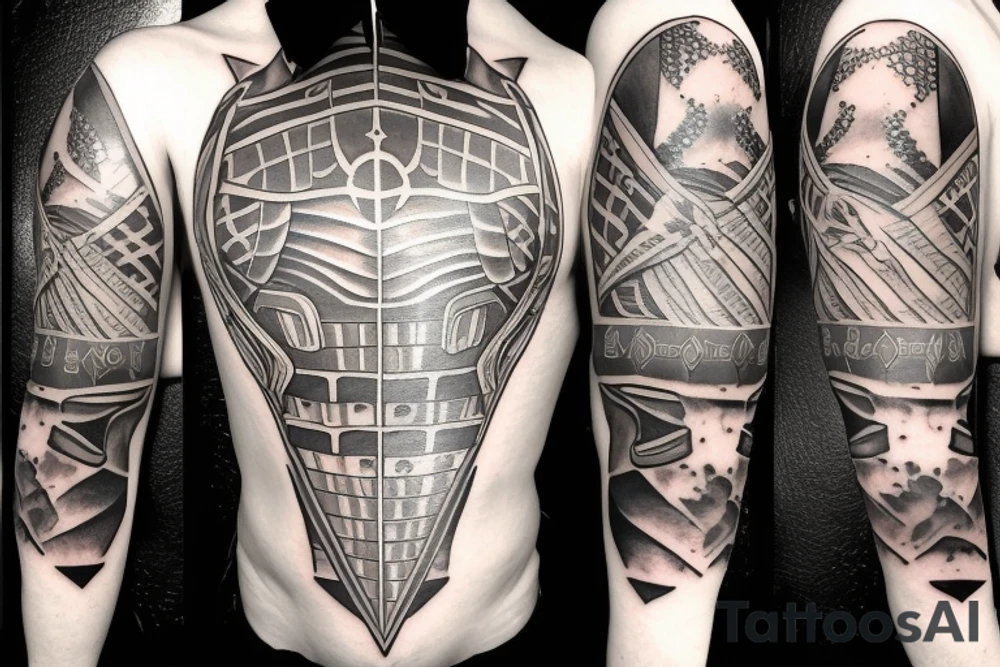 An angel in plate armor with a banner of 3 hopeful words tattoo idea