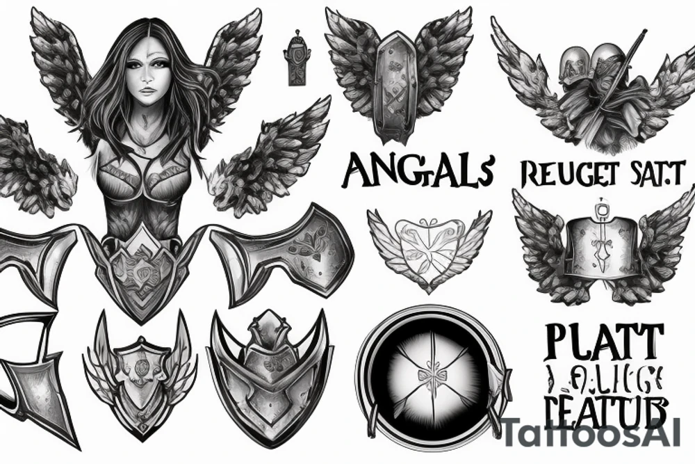 An angel in plate armor with a banner of 3 hopeful words tattoo idea