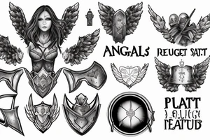 An angel in plate armor with a banner of 3 hopeful words tattoo idea