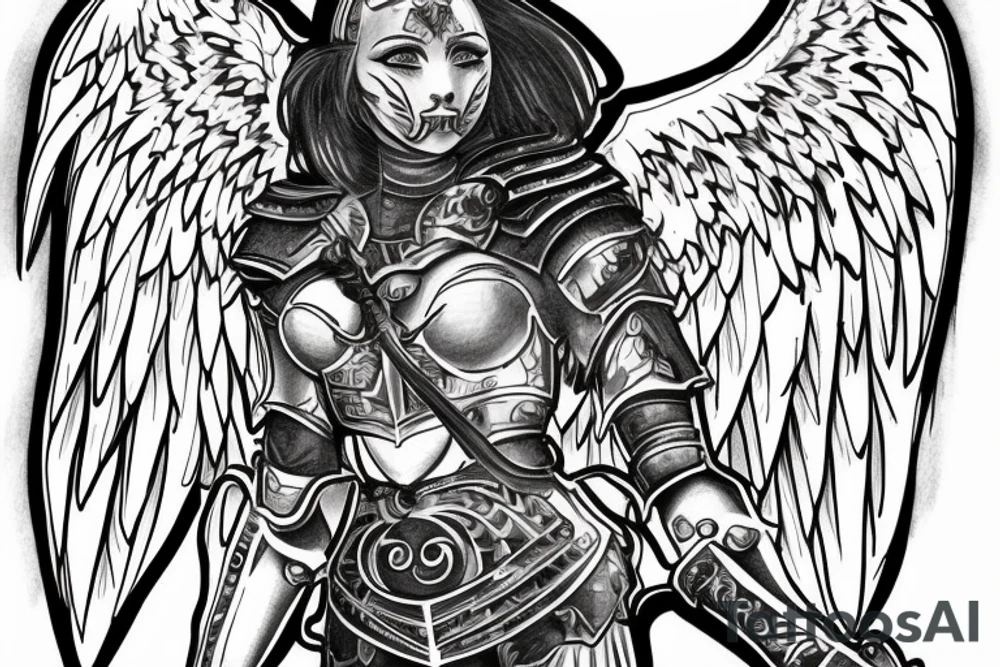 An angel in plate armor with a banner of 3 hopeful words tattoo idea