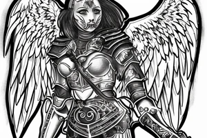 An angel in plate armor with a banner of 3 hopeful words tattoo idea