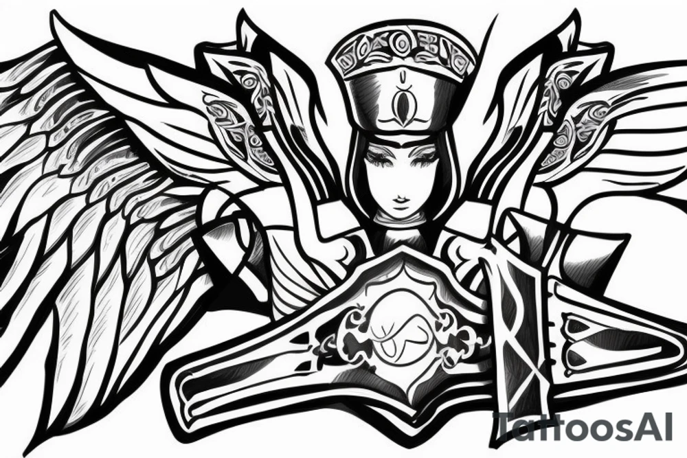 An angel in plate armor with a banner of 3 hopeful words tattoo idea