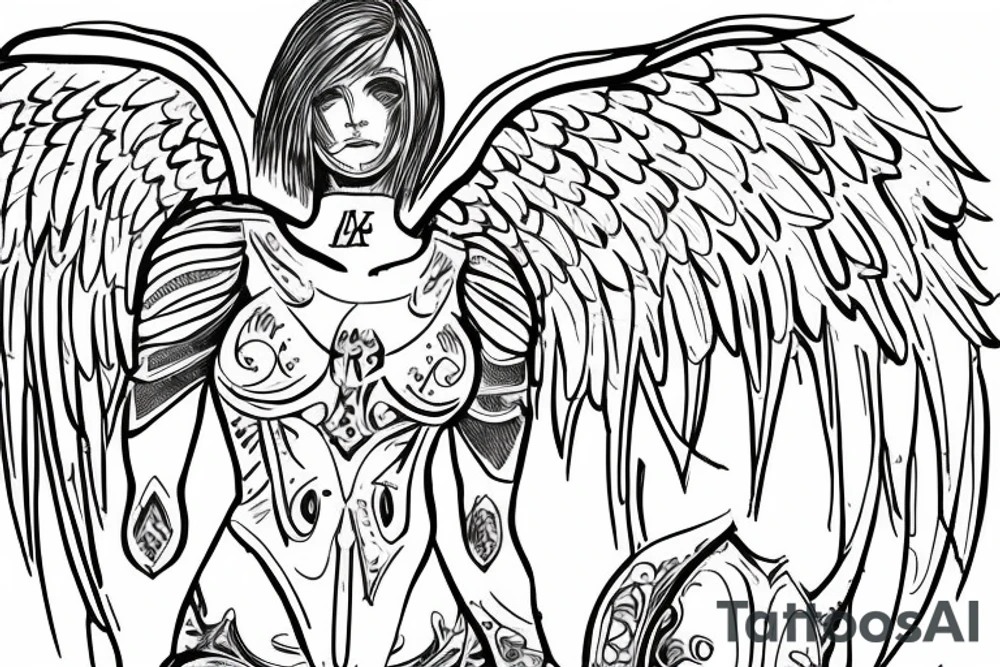 An angel in plate armor with a banner of 3 hopeful words tattoo idea