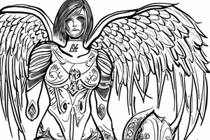 An angel in plate armor with a banner of 3 hopeful words tattoo idea