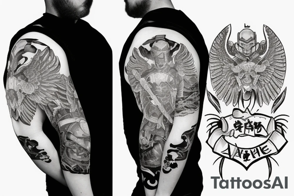 An angel in plate armor with a banner of 3 hopeful words tattoo idea