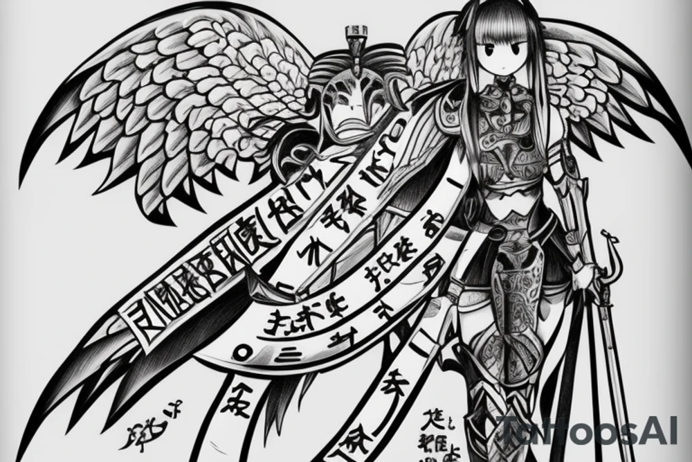 An angel in plate armor with a banner of 3 hopeful words tattoo idea