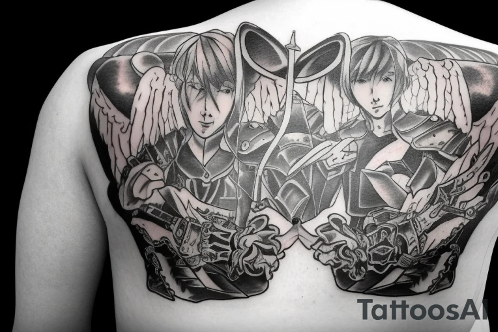 An angel in plate armor with a banner of 3 hopeful words tattoo idea