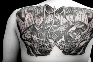 An angel in plate armor with a banner of 3 hopeful words tattoo idea