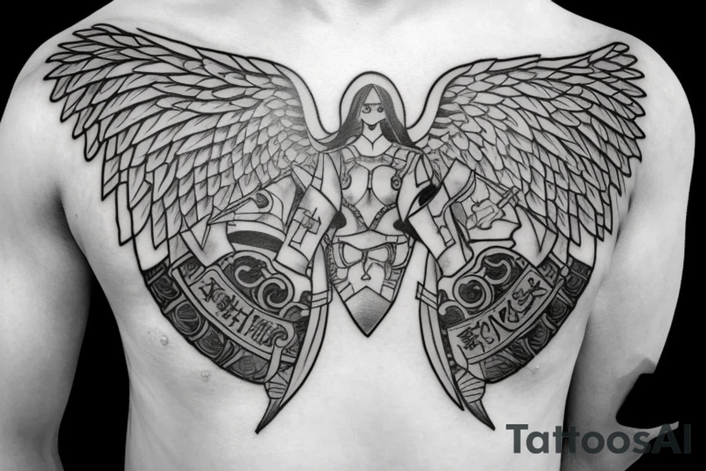 An angel in plate armor with a banner of 3 hopeful words tattoo idea