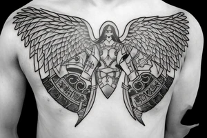An angel in plate armor with a banner of 3 hopeful words tattoo idea