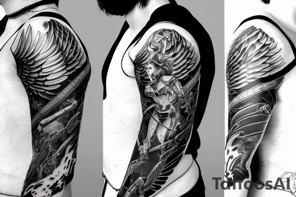 An angel in plate armor standing over a battlefield tattoo idea