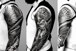 An angel in plate armor standing over a battlefield tattoo idea