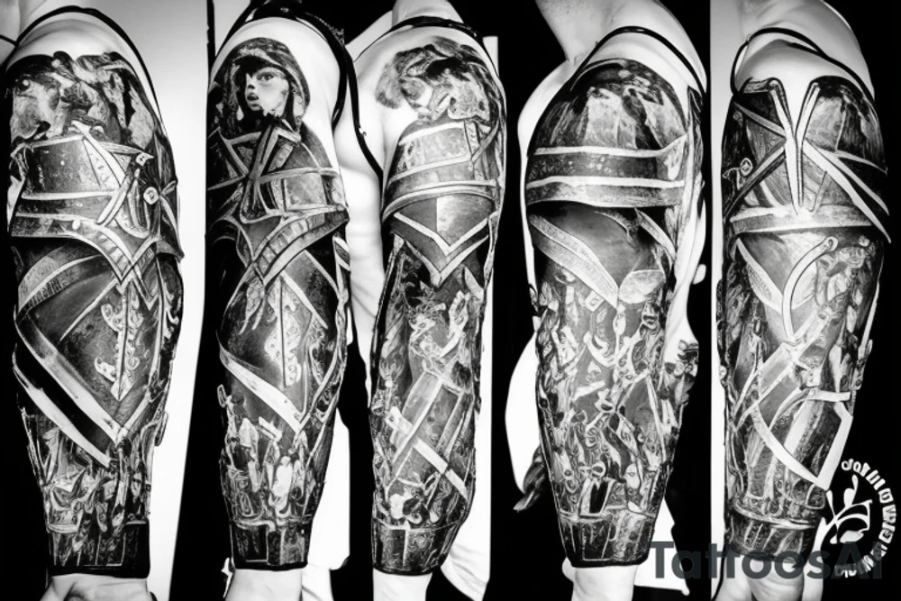 An angel in plate armor standing over a battlefield tattoo idea