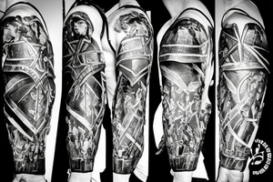 An angel in plate armor standing over a battlefield tattoo idea