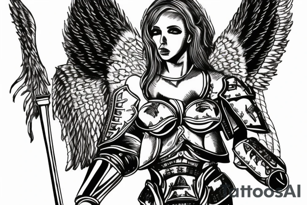 An angel in plate armor standing over a battlefield tattoo idea