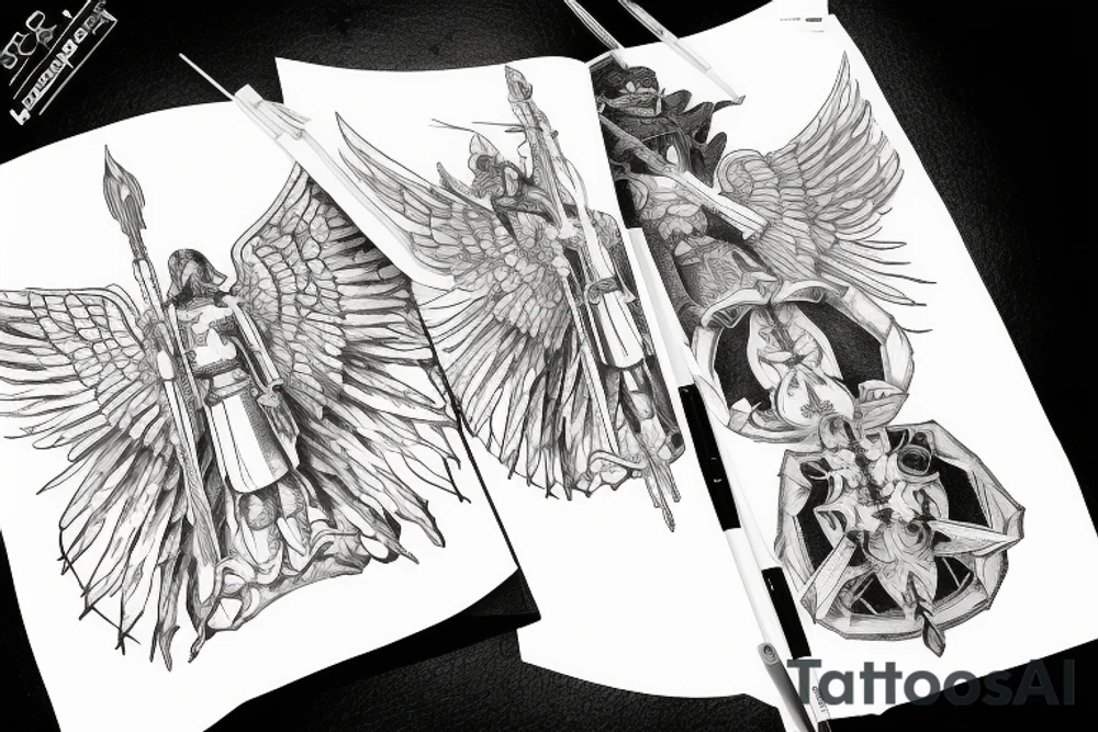 An angel in plate armor standing over a battlefield tattoo idea An angel in plate armor standing over a battlefield tattoo idea