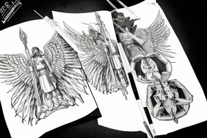An angel in plate armor standing over a battlefield tattoo idea