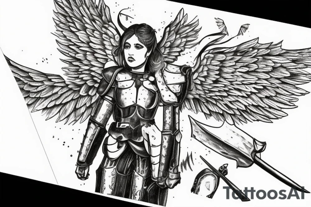 An angel in plate armor standing over a battlefield tattoo idea