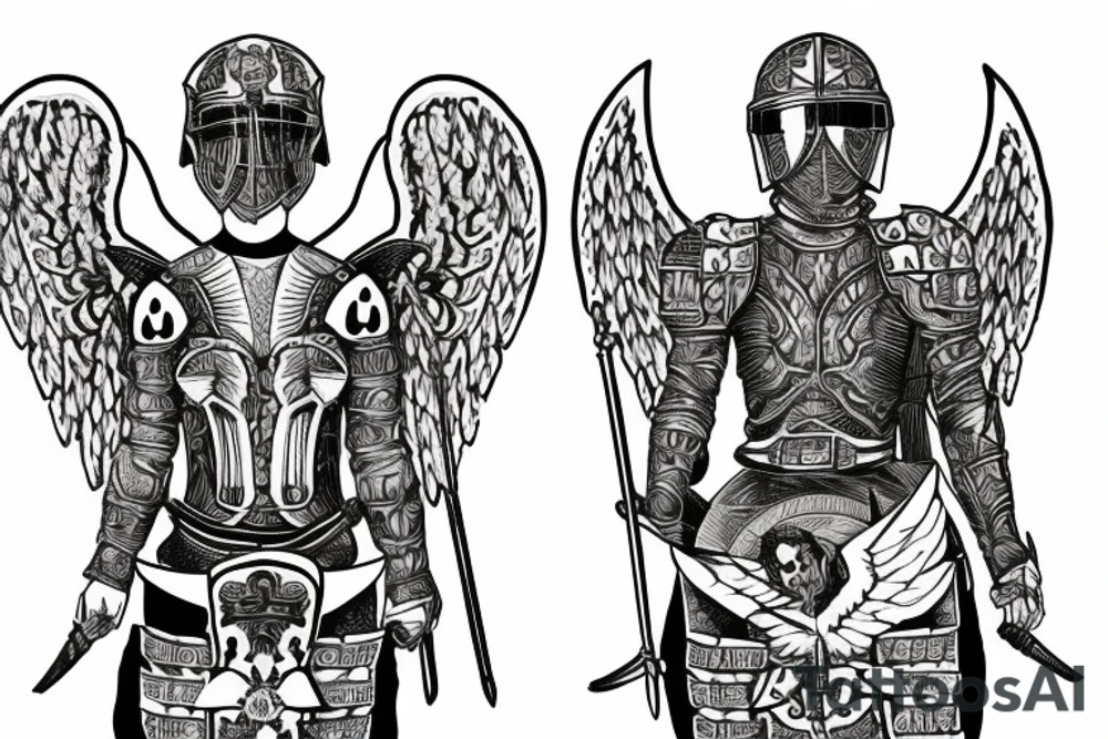 An angel in plate armor standing over a battlefield tattoo idea