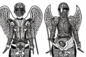 An angel in plate armor standing over a battlefield tattoo idea