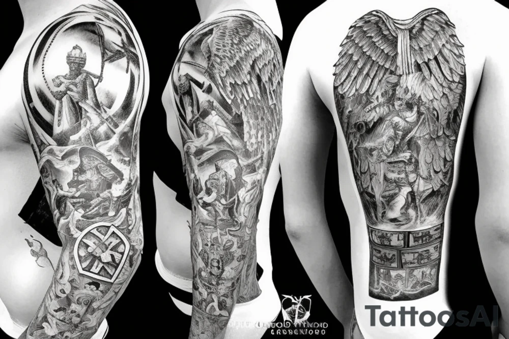 An angel in plate armor standing over a battlefield tattoo idea