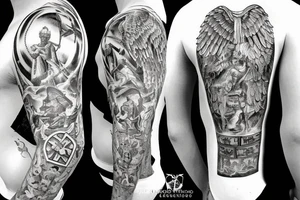 An angel in plate armor standing over a battlefield tattoo idea
