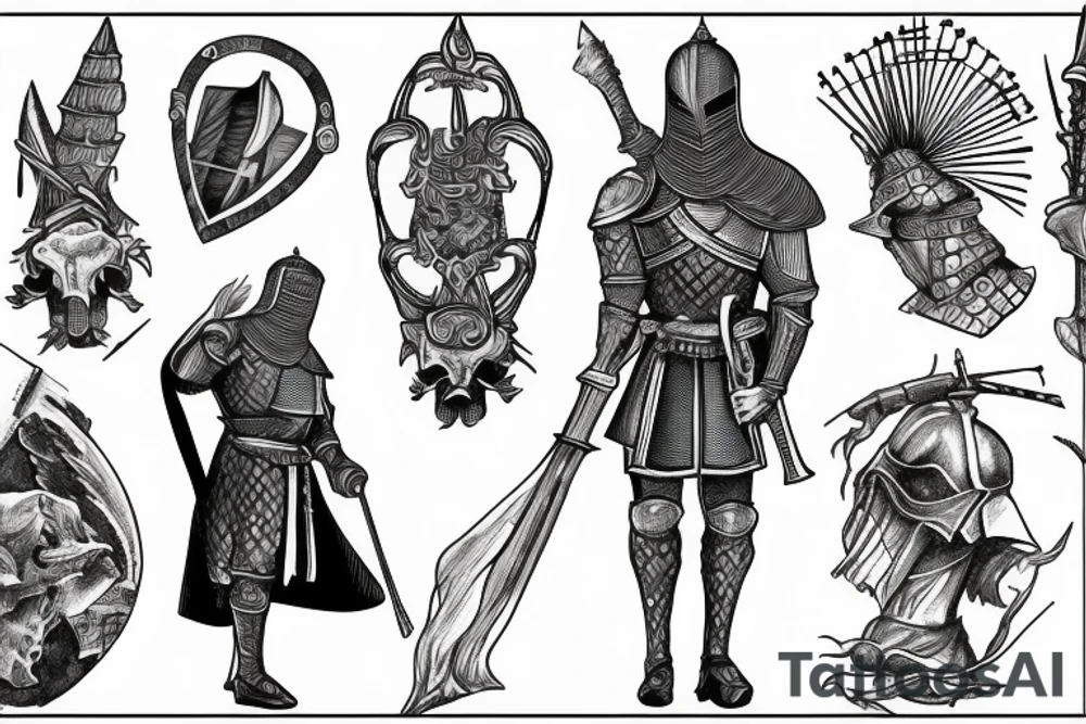 A knight standing solemnly over a battlefield tattoo idea