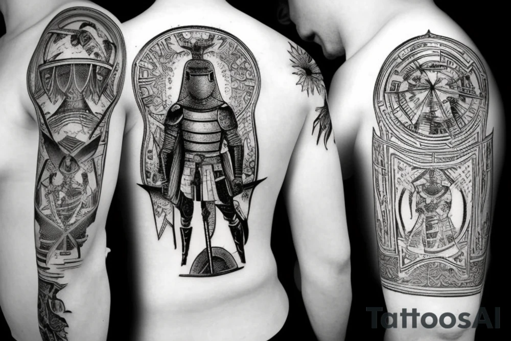 A knight standing solemnly over a battlefield tattoo idea A knight standing solemnly over a battlefield tattoo idea