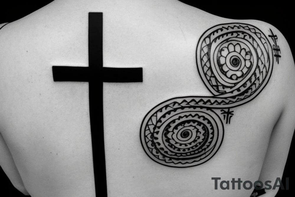 Black simple cross on back tattoo idea