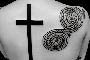 Black simple cross on back tattoo idea