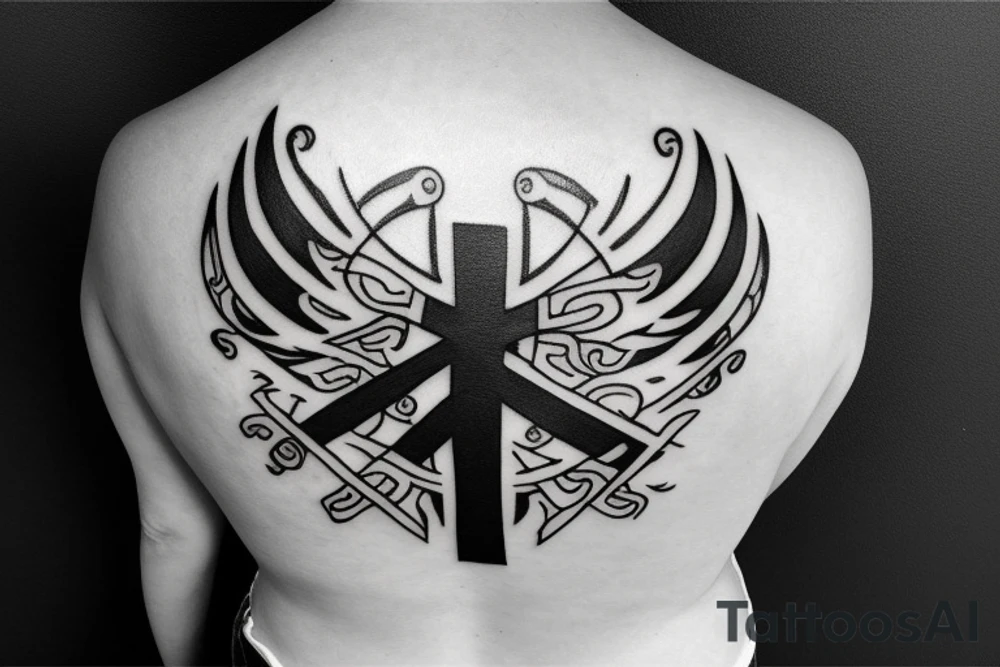 Black simple cross in the middle of back tattoo idea