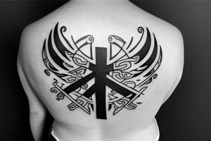 Black simple cross in the middle of back tattoo idea