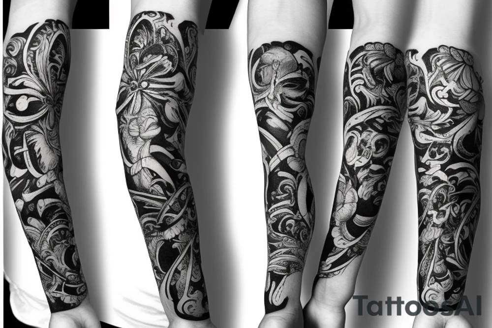 Flower arm sleeve with art tattoo idea
