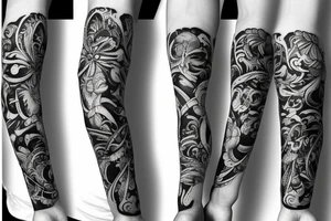 Flower arm sleeve with art tattoo idea