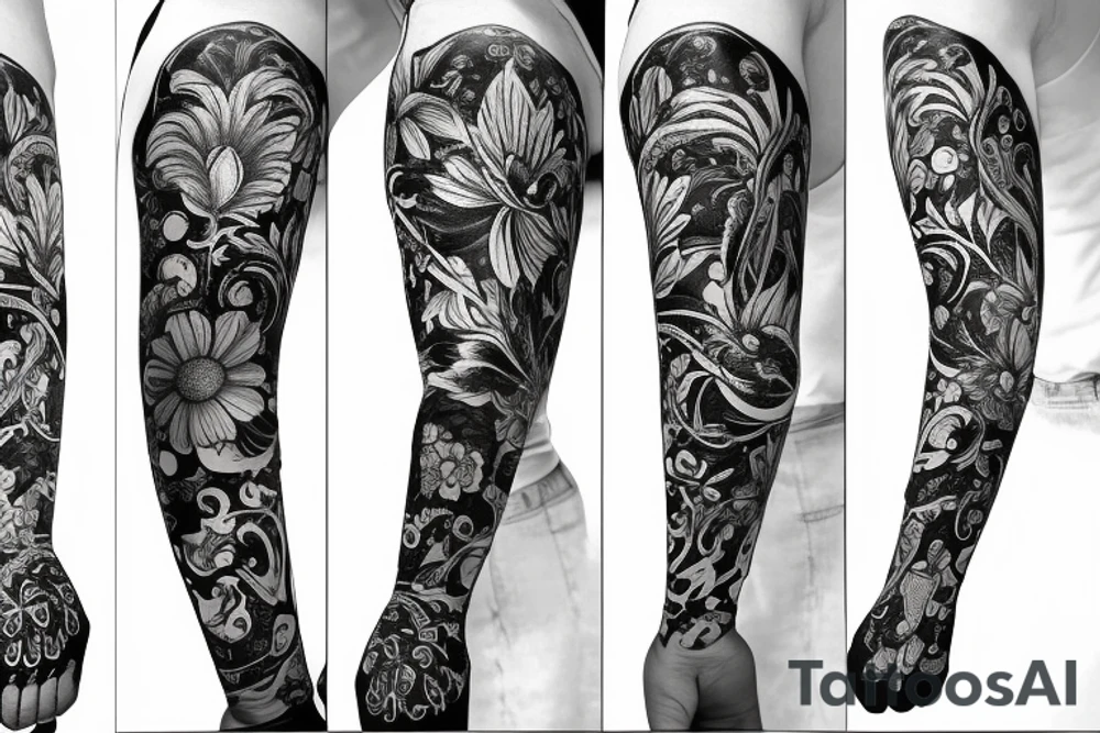 Flower arm sleeve with art tattoo idea