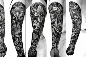 Flower arm sleeve with art tattoo idea